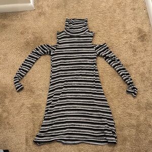 Striped Cold Shoulder Turtleneck Dress